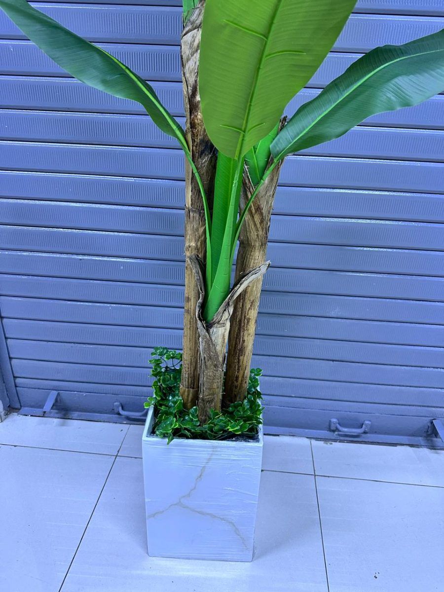 Planta de Plátano Artificial con Tres Tallos y Base de Trupán